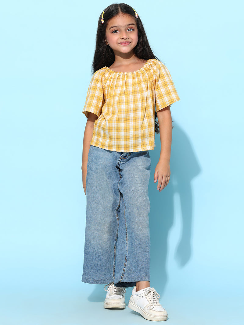 Girls Yellow Cotton Checked Regular Fit Top