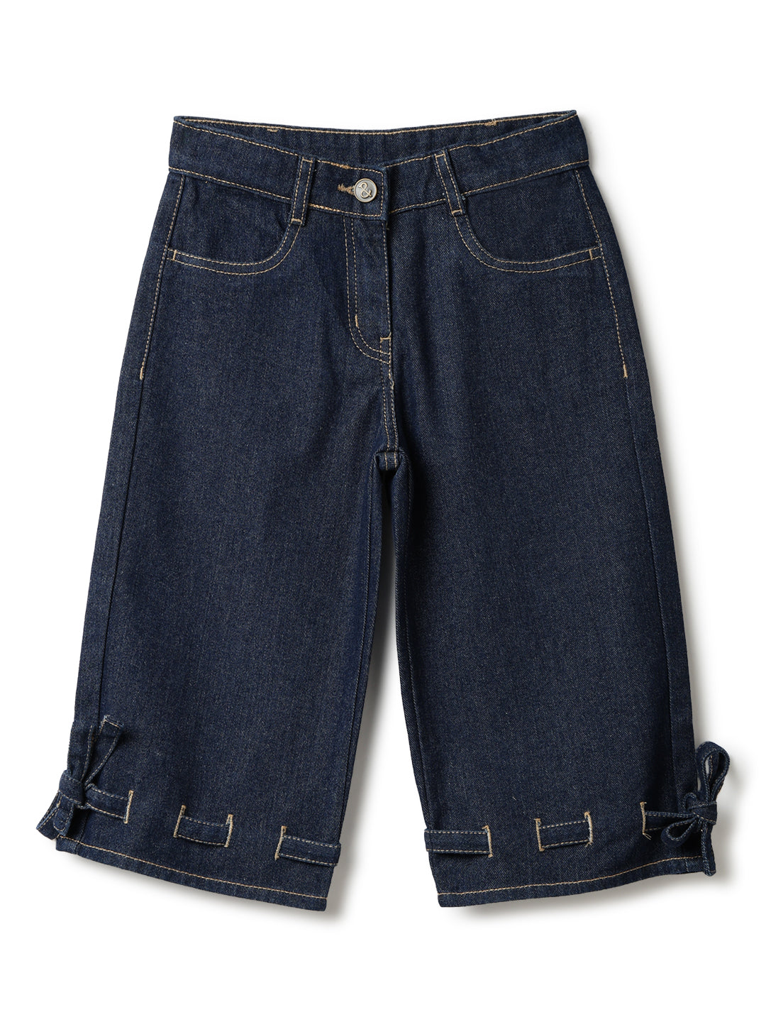 Girls Dar Blue Cotton Poly Solid Capri