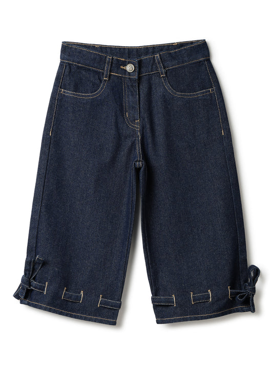 Girls Dar Blue Cotton Poly Solid Capri