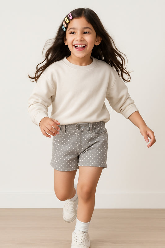 Girls Grey Polka Dot Print Lycra Regular Fit Above Knee Shorts