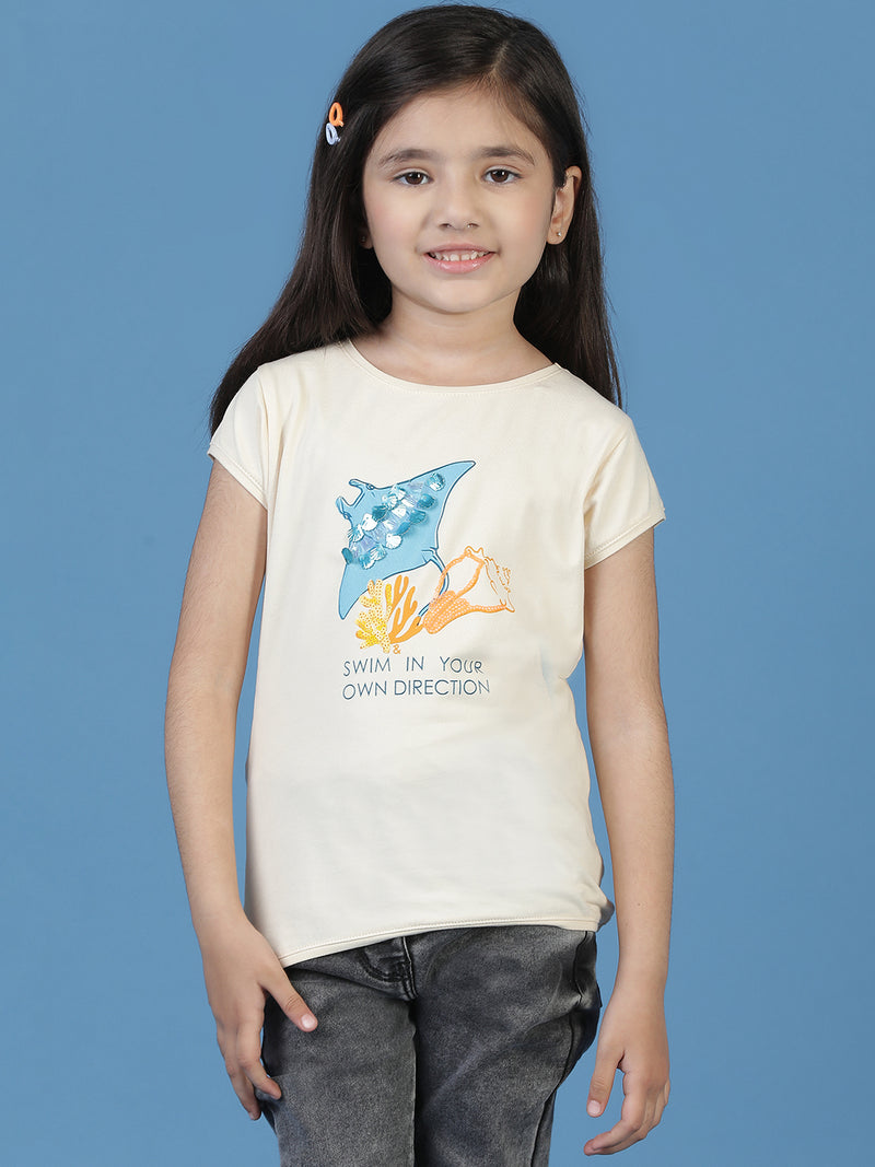 Girls Beige Printed T-shirt