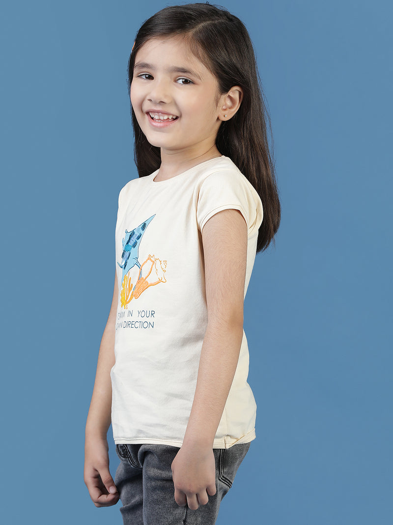 Girls Beige Printed T-shirt