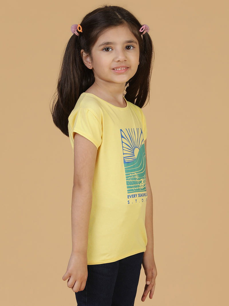 Girls Light Yellow Printed T-shirt