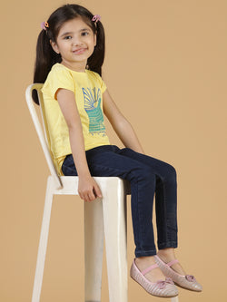 Girls Light Yellow Printed T-shirt