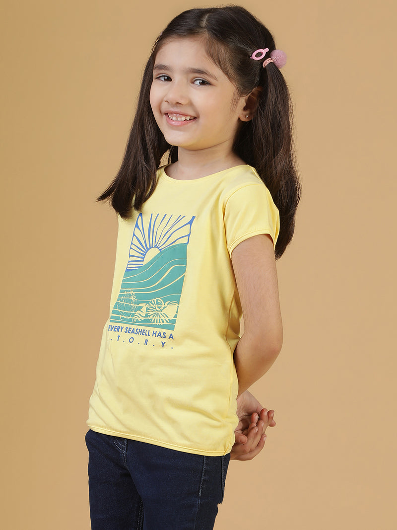 Girls Light Yellow Printed T-shirt