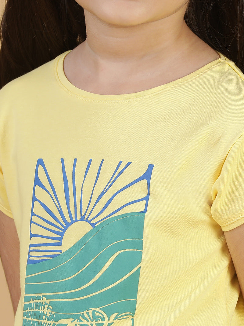 Girls Light Yellow Printed T-shirt