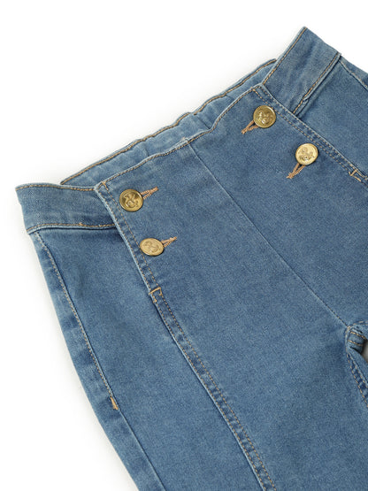 Girls Blue Elastane Solid Capri