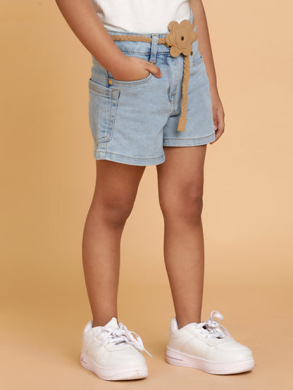 Girls Light Blue Washed Lycra A-Line Above Knee Shorts