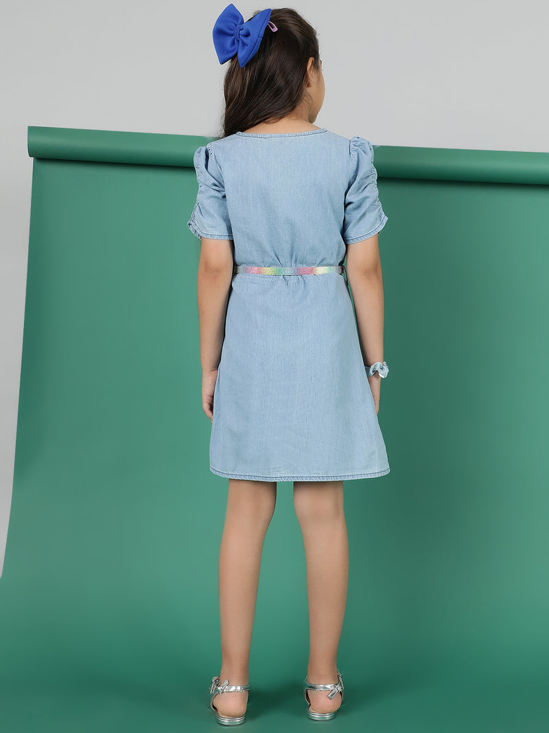 Girls Light Blue Washed Cotton Casual Above Knee Dress