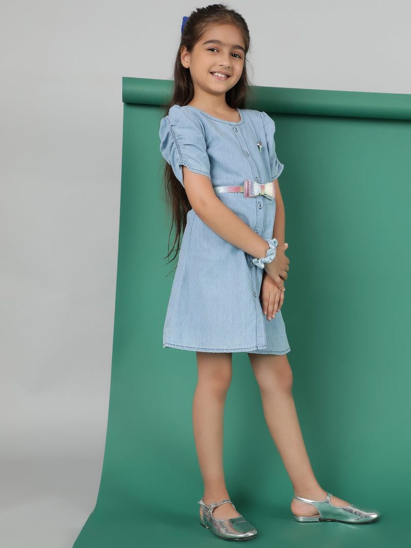 Girls Light Blue Washed Cotton Casual Above Knee Dress