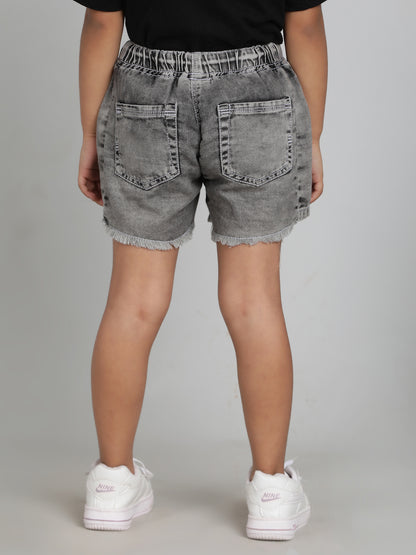 Girls Grey Washed Cotton A-Line Regular Fit Above Knee Shorts