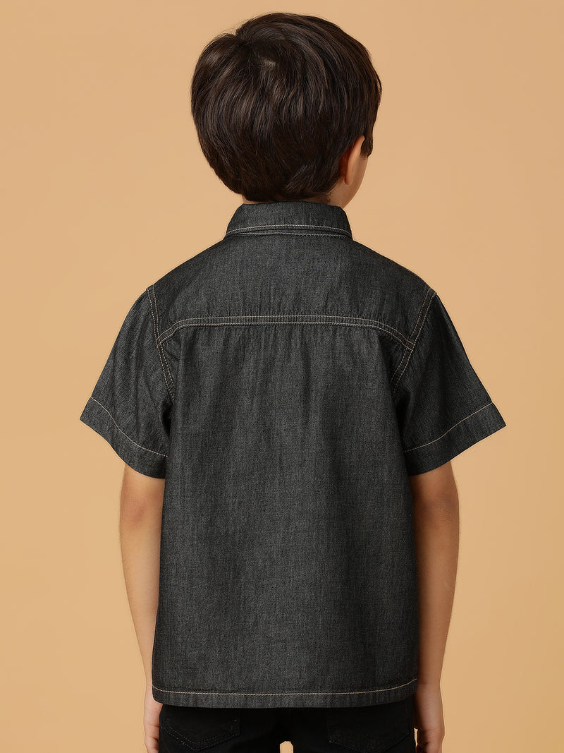 Boys Black Solid Cotton Regular Fit Shirt