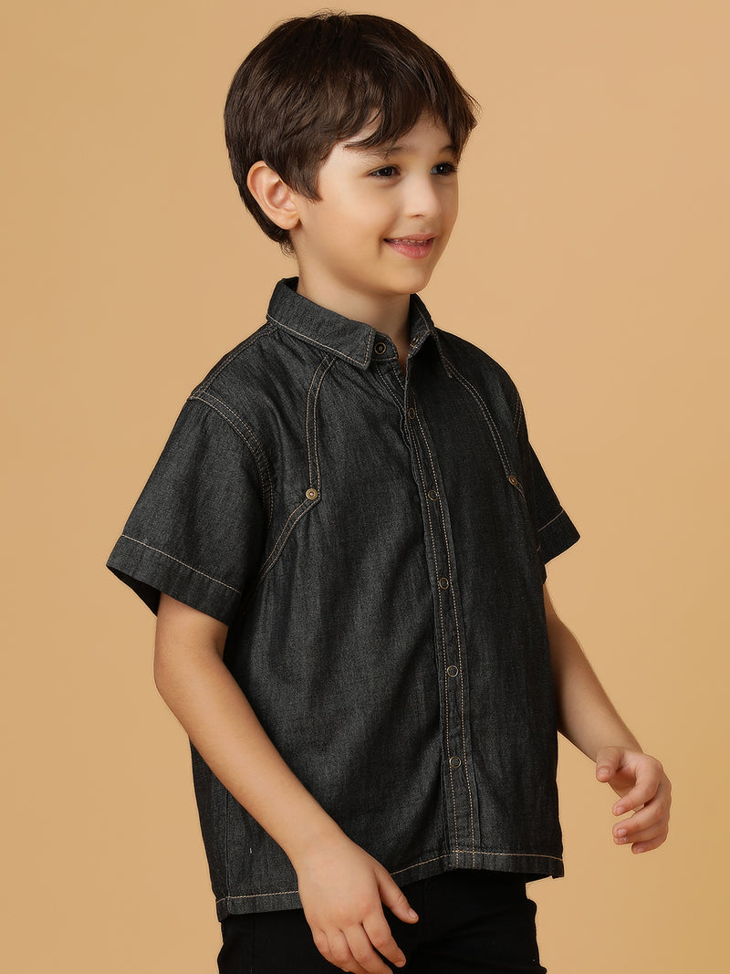 Boys Black Solid Cotton Regular Fit Shirt