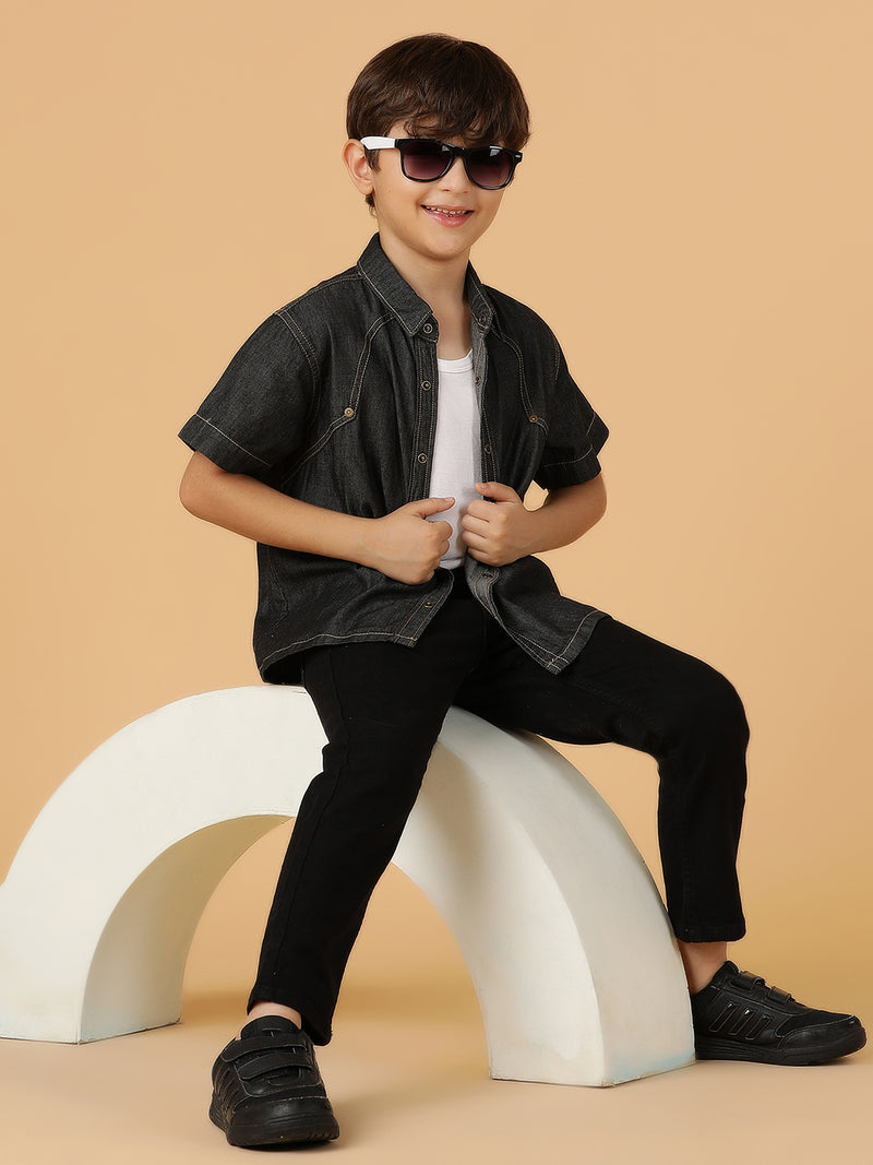 Boys Black Solid Cotton Regular Fit Shirt