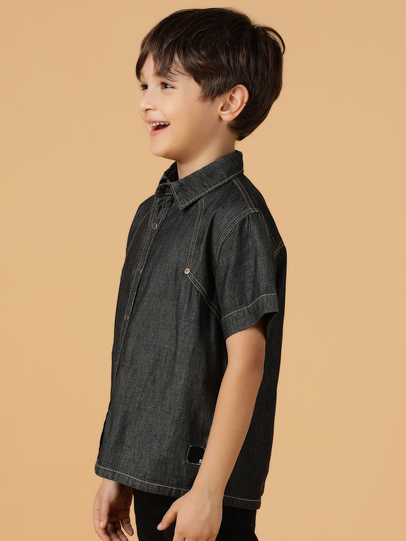 Boys Black Solid Cotton Regular Fit Shirt