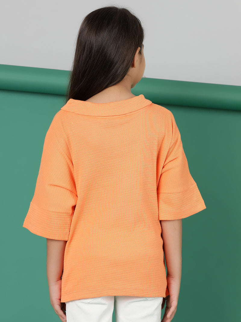 Girls Orange Cotton Polo Oversized Fit T-Shirt