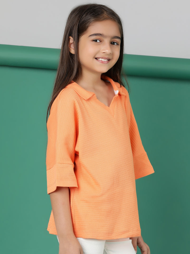 Girls Orange Cotton Polo Oversized Fit T-Shirt