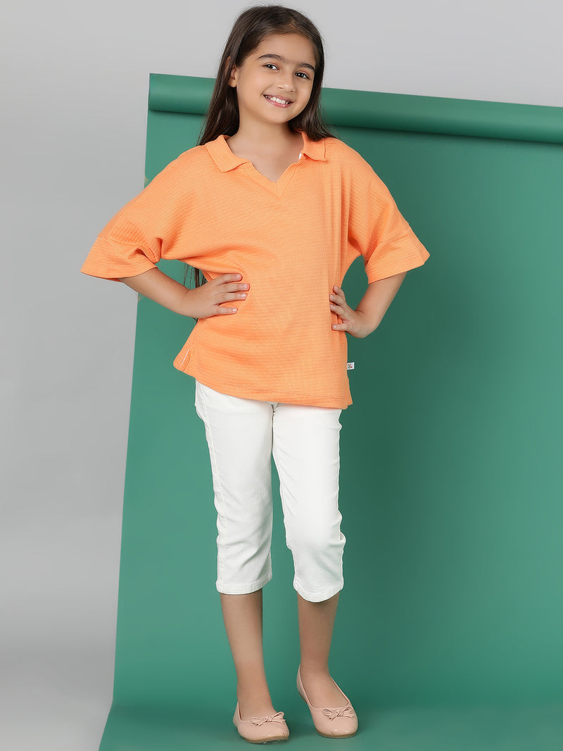 Girls Orange Cotton Polo Oversized Fit T-Shirt