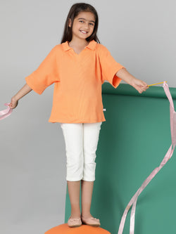 Girls Orange Cotton Polo Oversized Fit T-Shirt