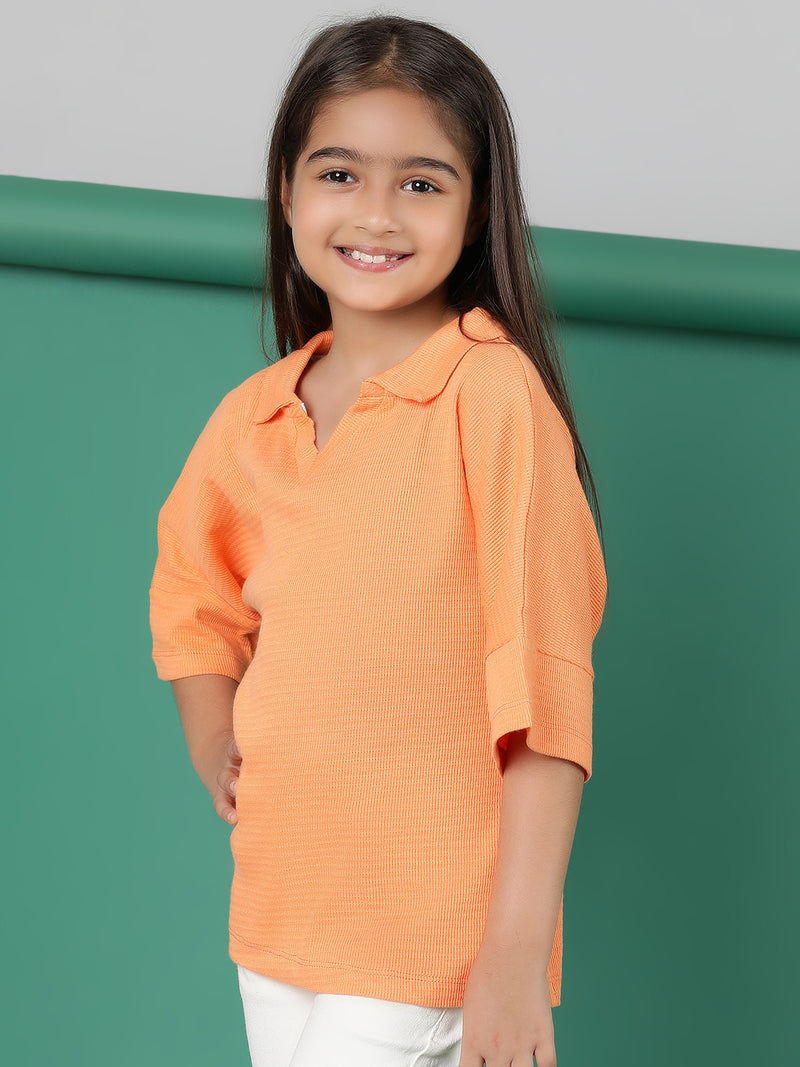 Girls Orange Cotton Polo Oversized Fit T-Shirt