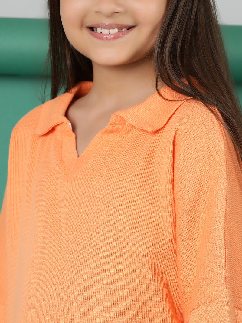 Girls Orange Cotton Polo Oversized Fit T-Shirt