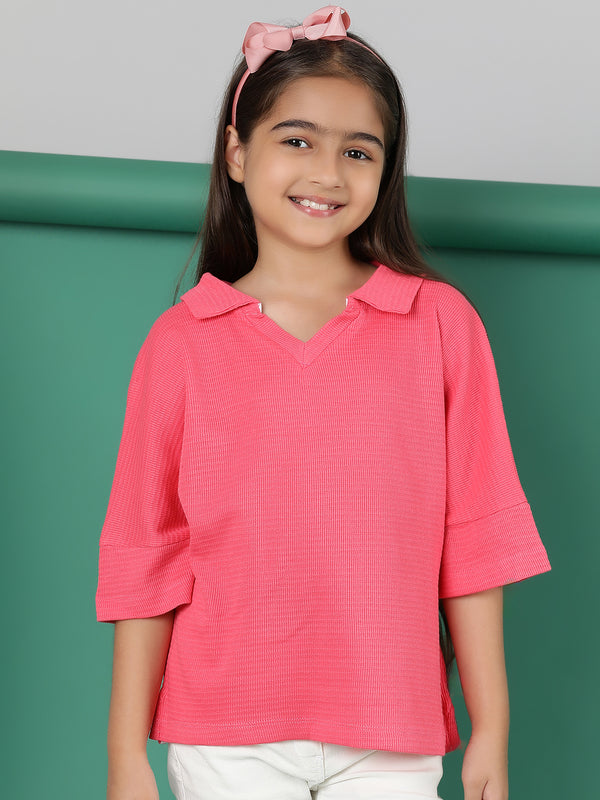 Girls Pink Cotton Polo Oversized Fit T-Shirt