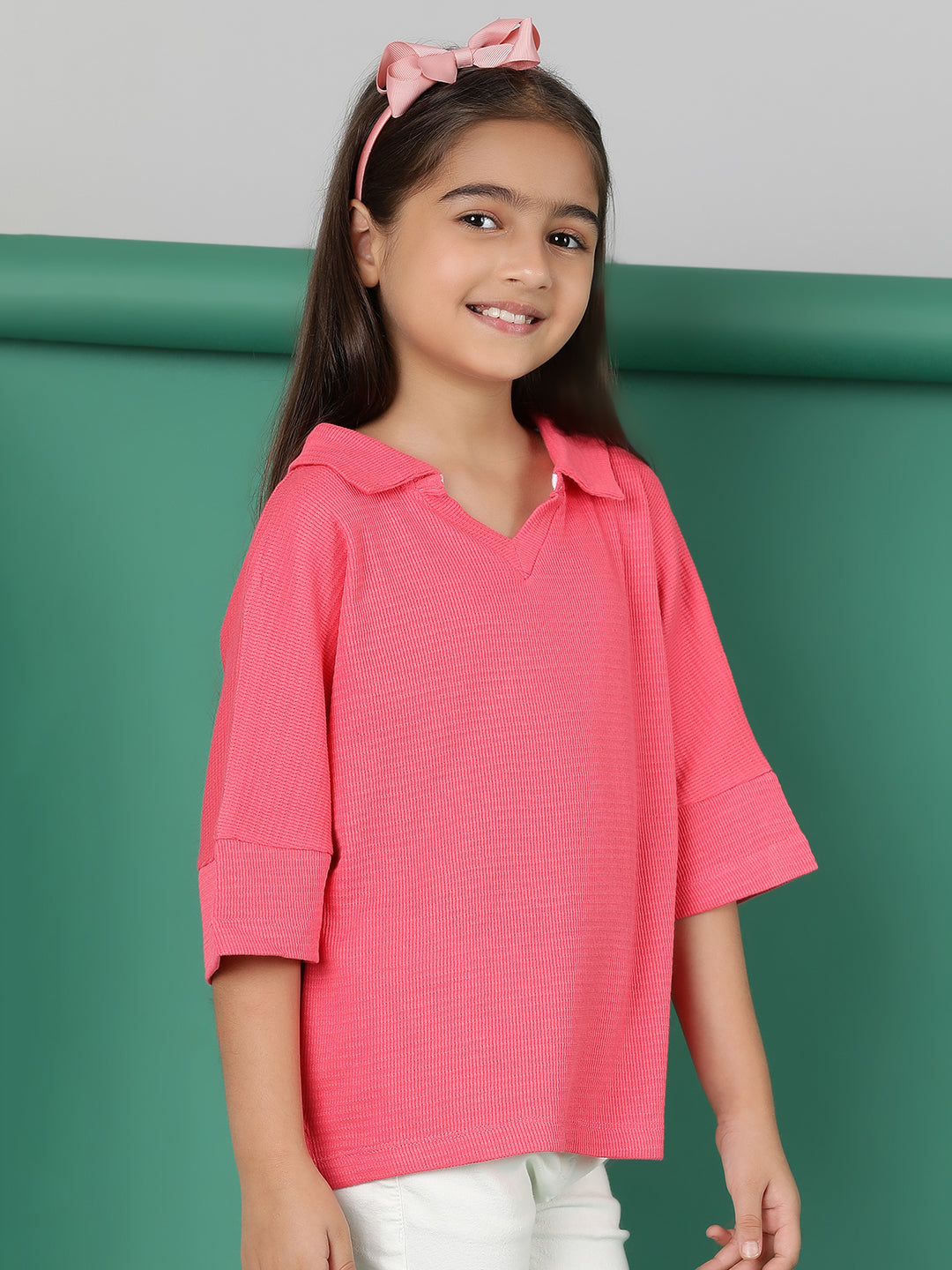 Girls Pink Cotton Polo Oversized Fit T-Shirt