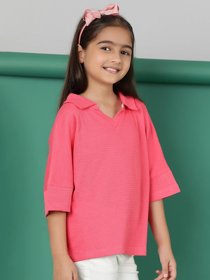 Girls Pink Cotton Polo Oversized Fit T-Shirt