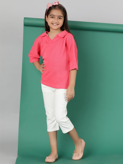 Girls Pink Cotton Polo Oversized Fit T-Shirt