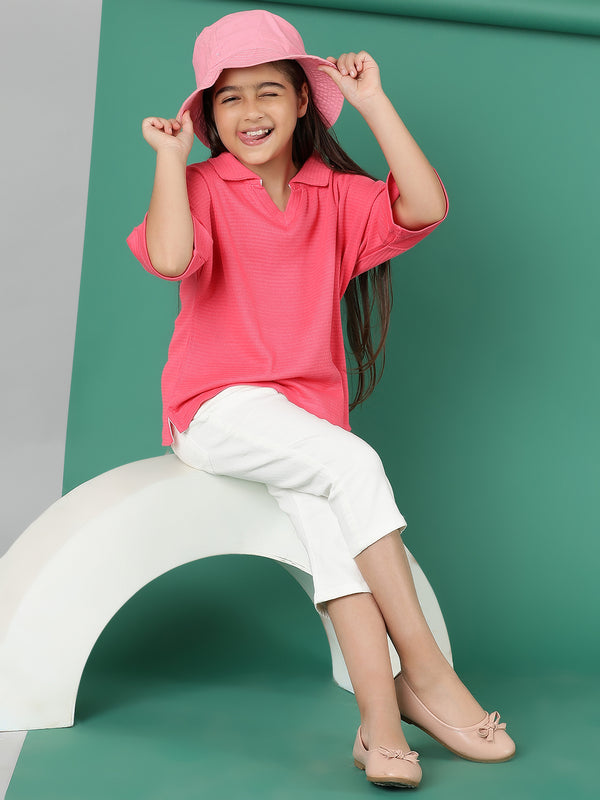 Girls Pink Cotton Polo Oversized Fit T-Shirt