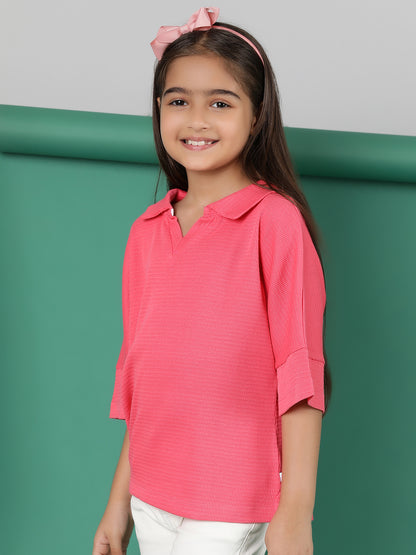 Girls Pink Cotton Polo Oversized Fit T-Shirt