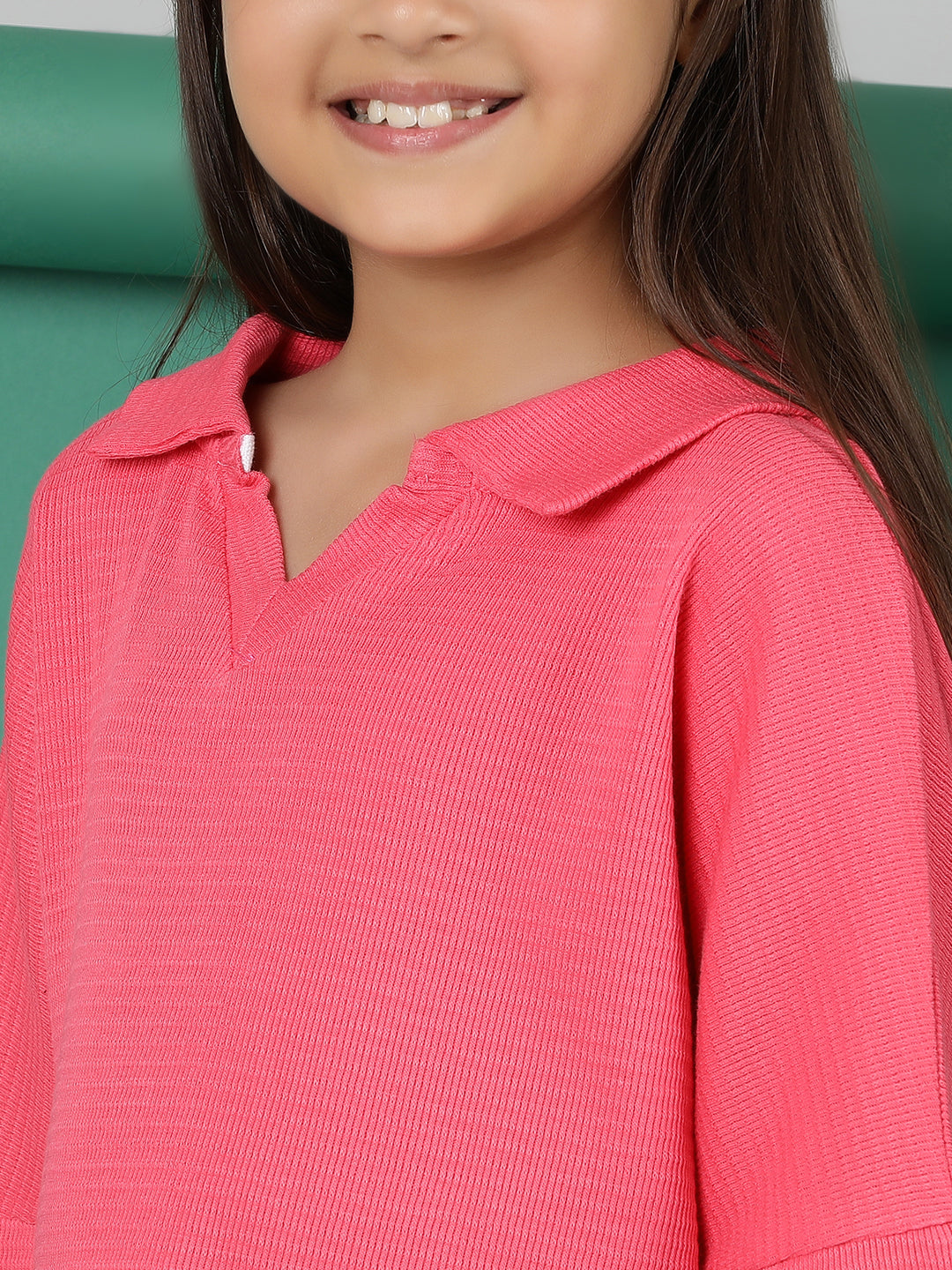 Girls Pink Cotton Polo Oversized Fit T-Shirt