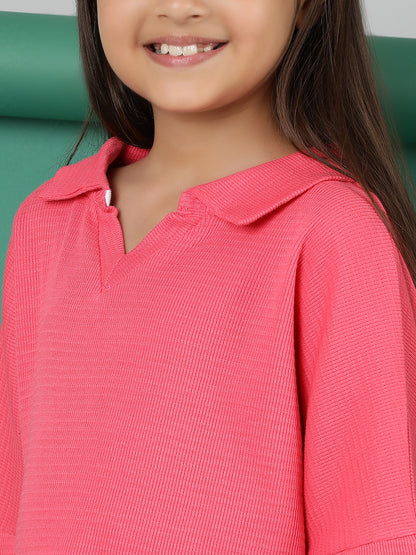 Girls Pink Cotton Polo Oversized Fit T-Shirt