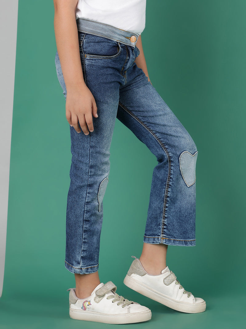 Girls Dark Blue Washed Lycra Boot Cut Jeans