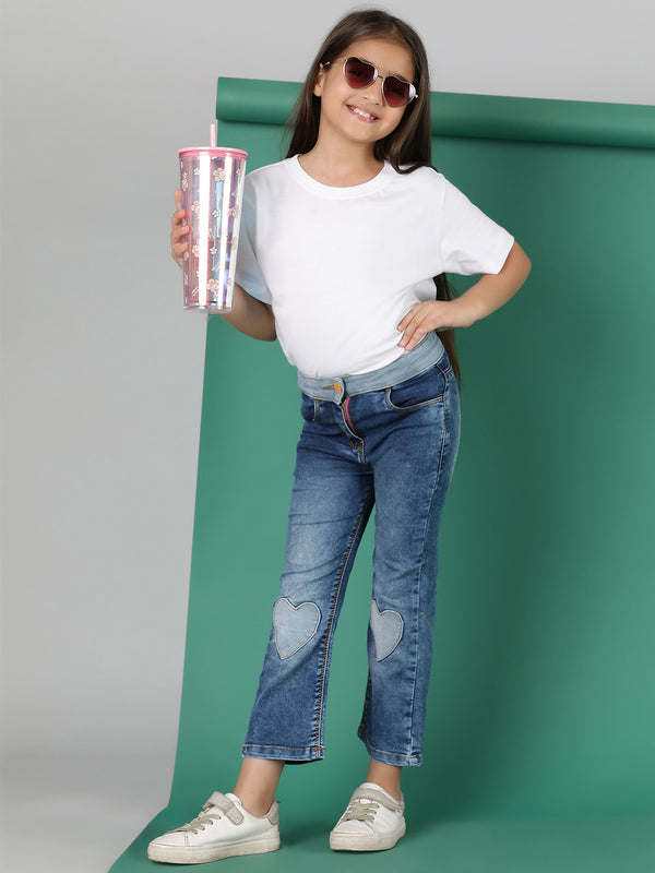 Girls Dark Blue Washed Lycra Boot Cut Jeans