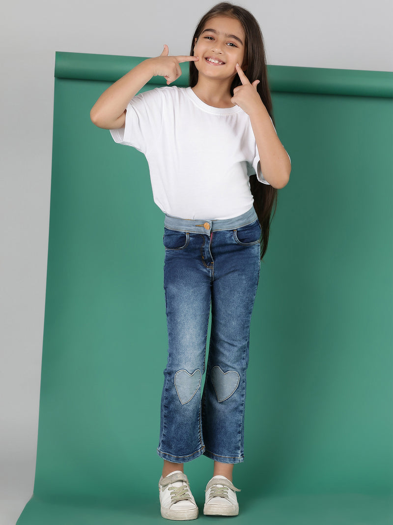 Girls Dark Blue Washed Lycra Boot Cut Jeans