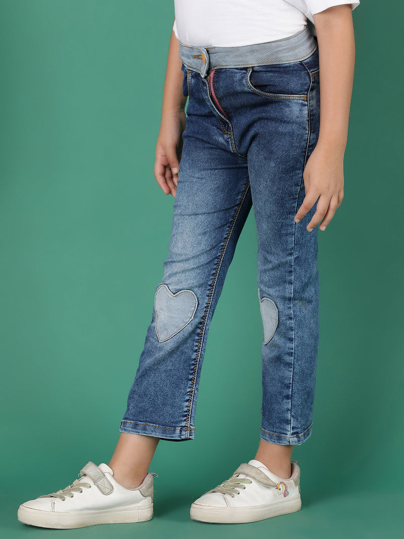 Girls Dark Blue Washed Lycra Boot Cut Jeans