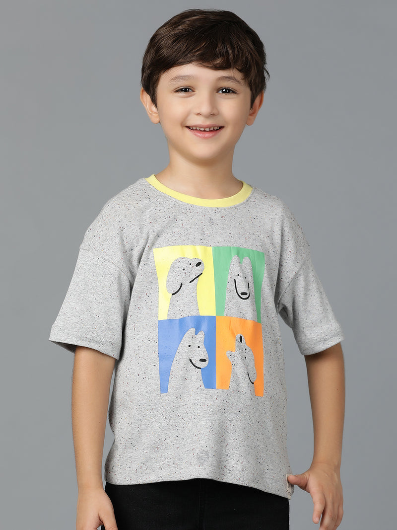 Boys Grey Cotton Printed Oversized Fit T-Shirt