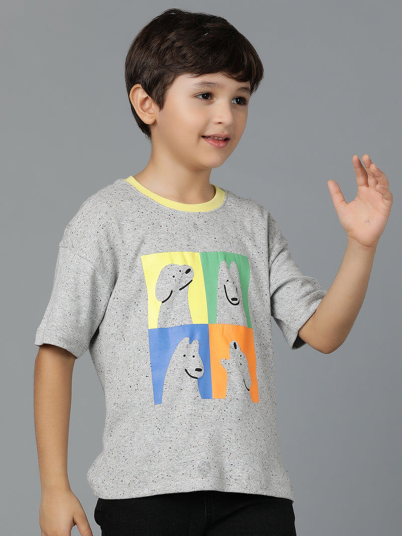 Boys Grey Cotton Printed Oversized Fit T-Shirt