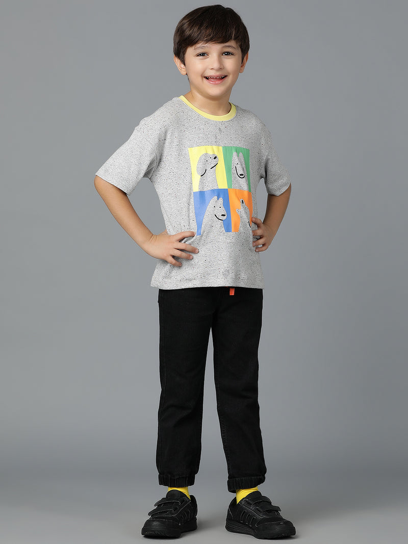 Boys Grey Cotton Printed Oversized Fit T-Shirt