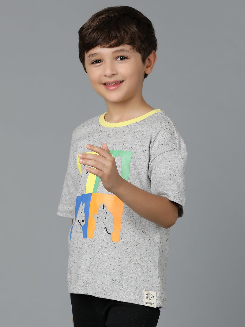 Boys Grey Cotton Printed Oversized Fit T-Shirt