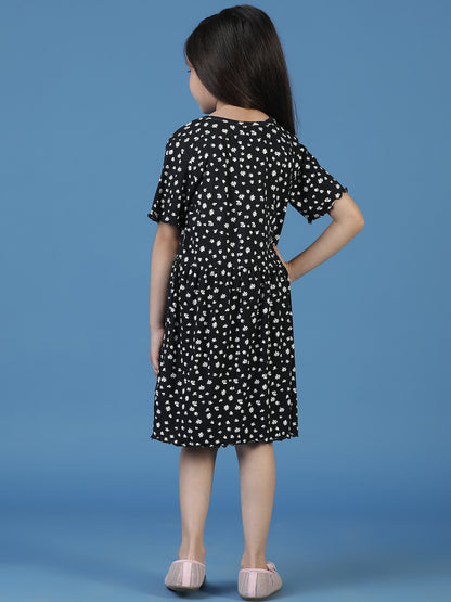 Girls Black Floral A-Line Dress