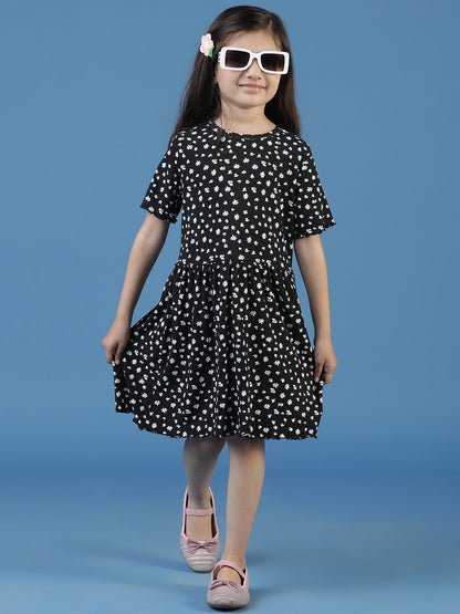 Girls Black Floral A-Line Dress