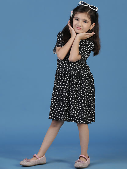 Girls Black Floral A-Line Dress