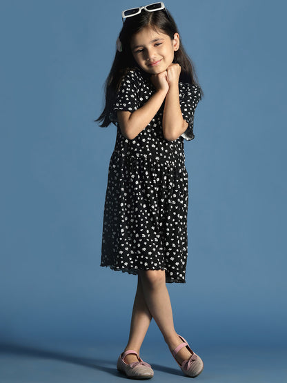 Girls Black Floral A-Line Dress