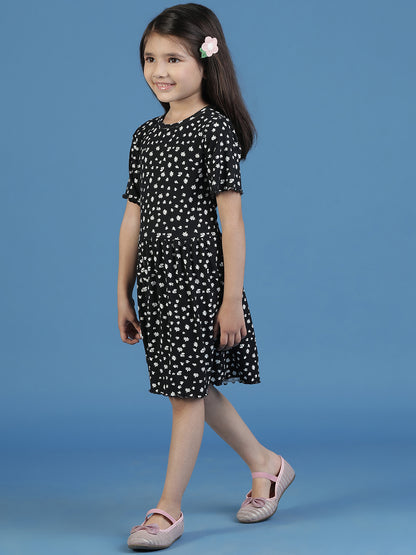 Girls Black Floral A-Line Dress