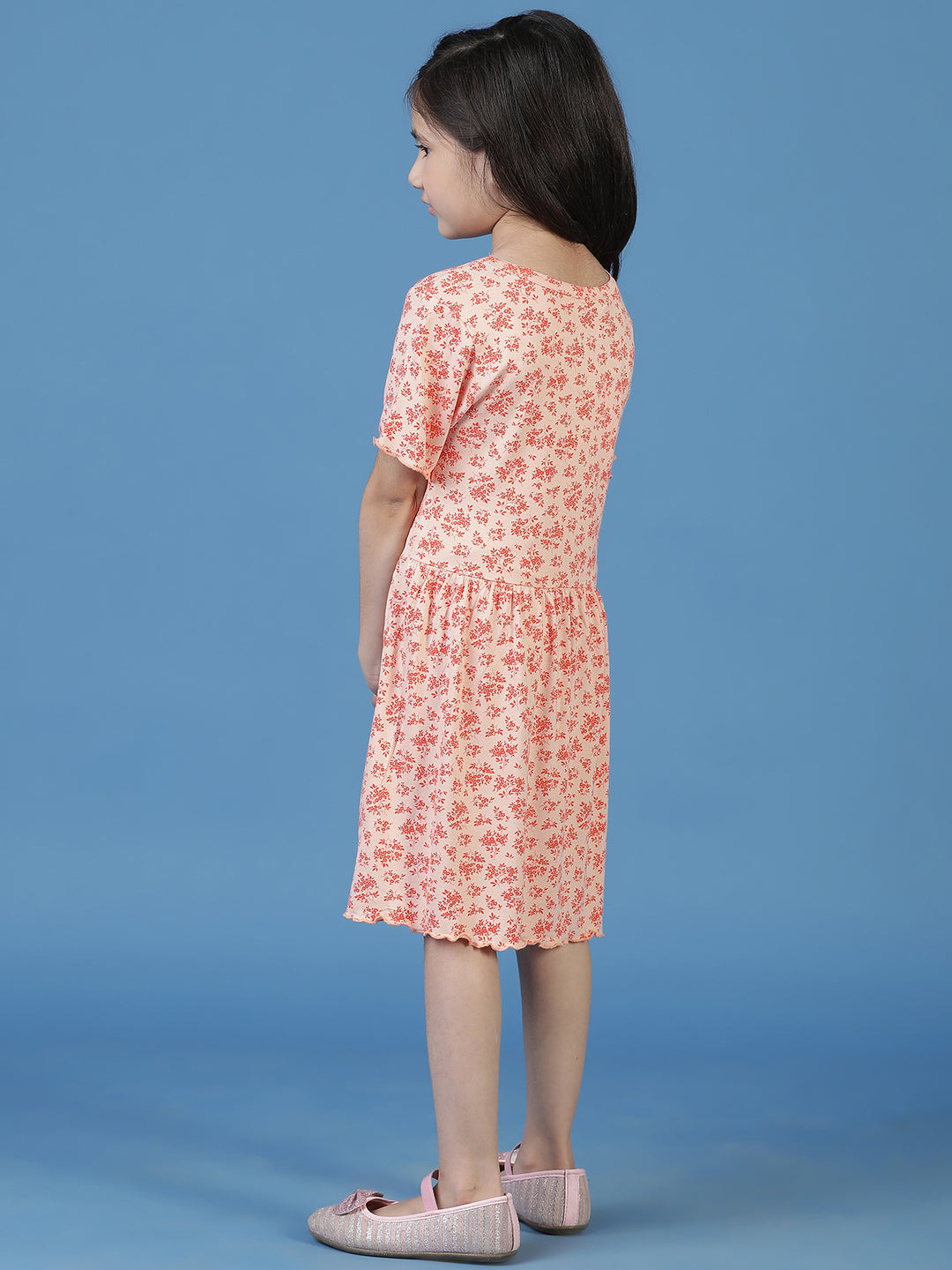 Girls Peach Floral A-Line Dress
