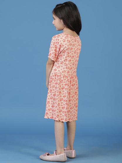 Girls Peach Floral A-Line Dress