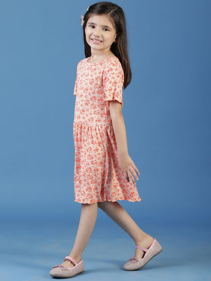 Girls Peach Floral A-Line Dress