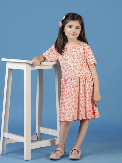 Girls Peach Floral A-Line Dress